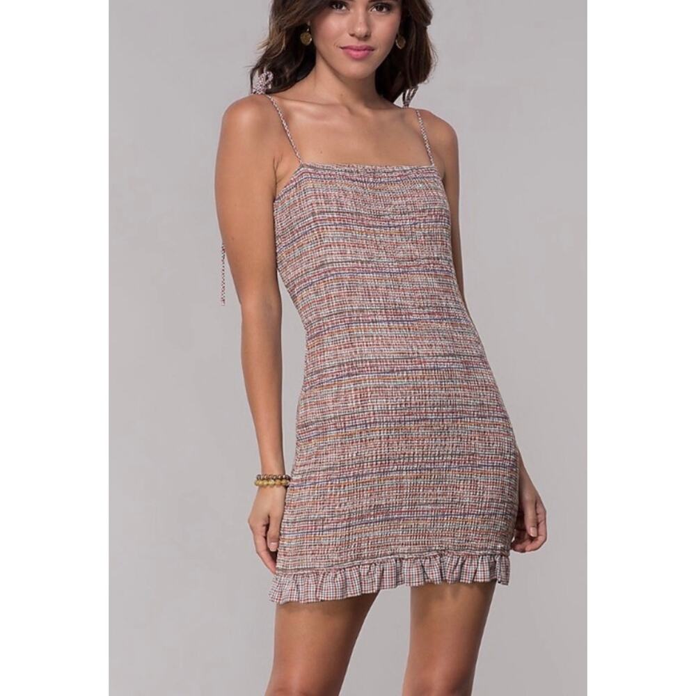 Storia Plaid Stripe Smocked Mini Bodycon Dress Medium Tie Shoulder Ruffle Hem